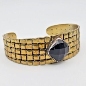 Sara Blaine Signed Brass Basketweave and Onyx Cuff Bracelet